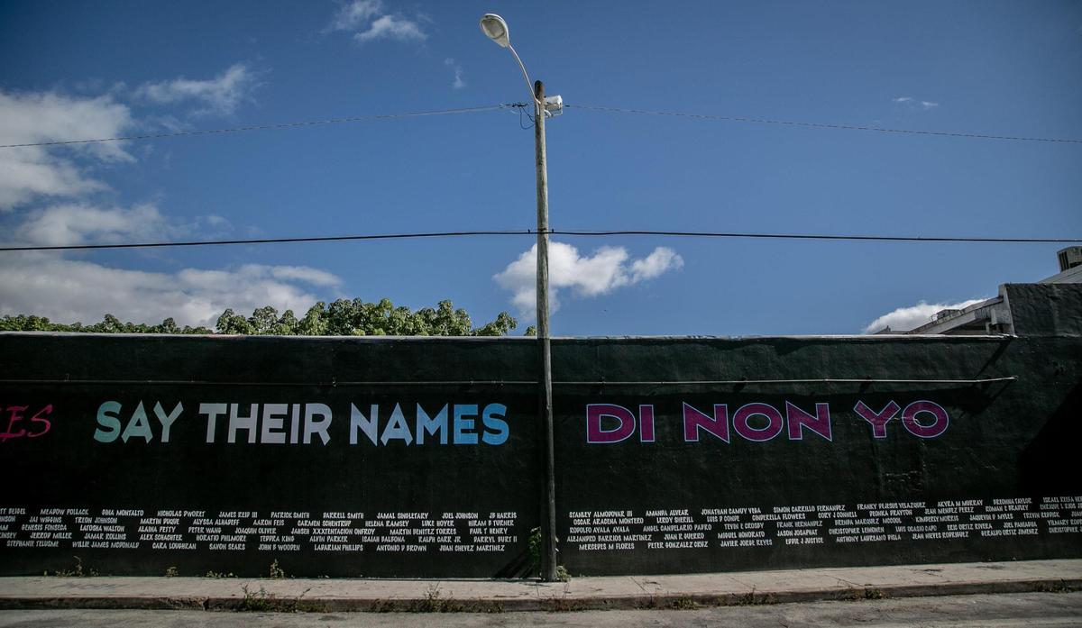 Miami, Florida, December 3, 2020- Part of the mural on the walls outside the Bakehouse Art Complex. Artist / Activist Chire Regans has created a mural memorializing victims of gun violence.