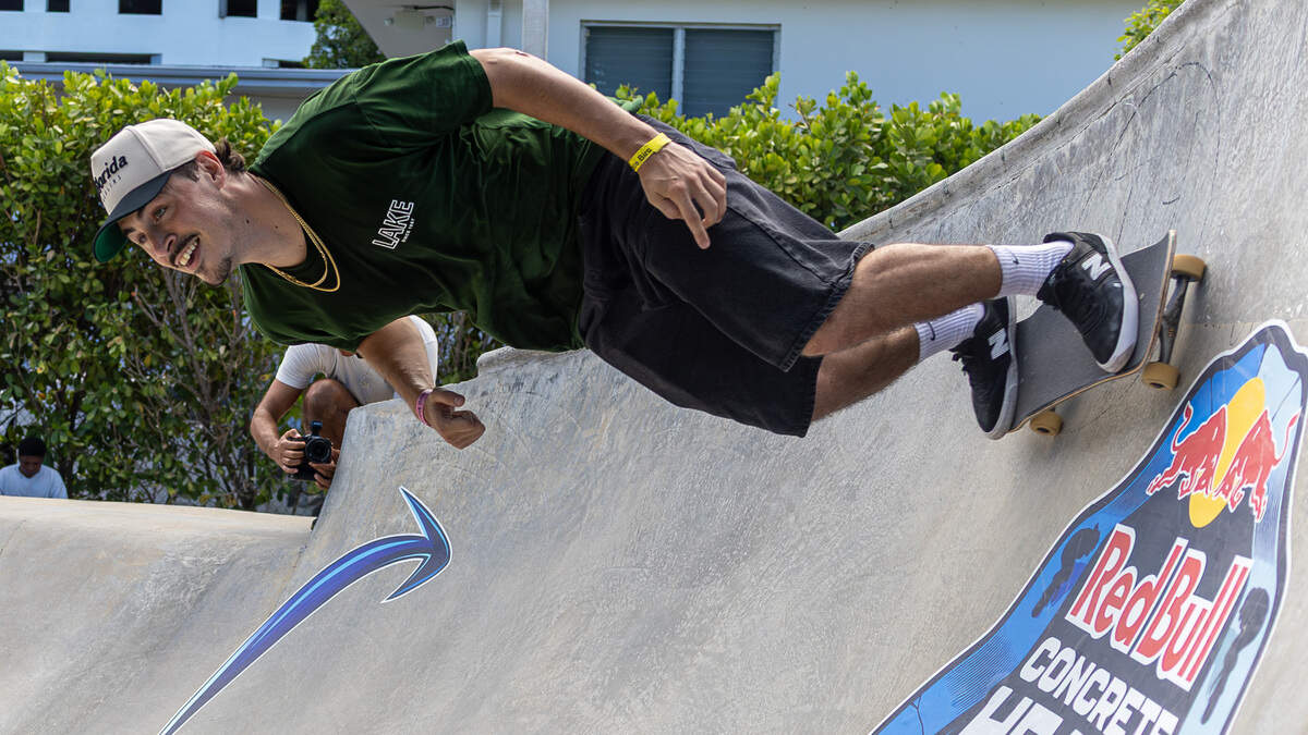 Dillion Brown competes in a head-to-head elimination round during the Concrete Heats at SkateBird Miami in Miami, Fla., on Sunday, June 21, 2026.