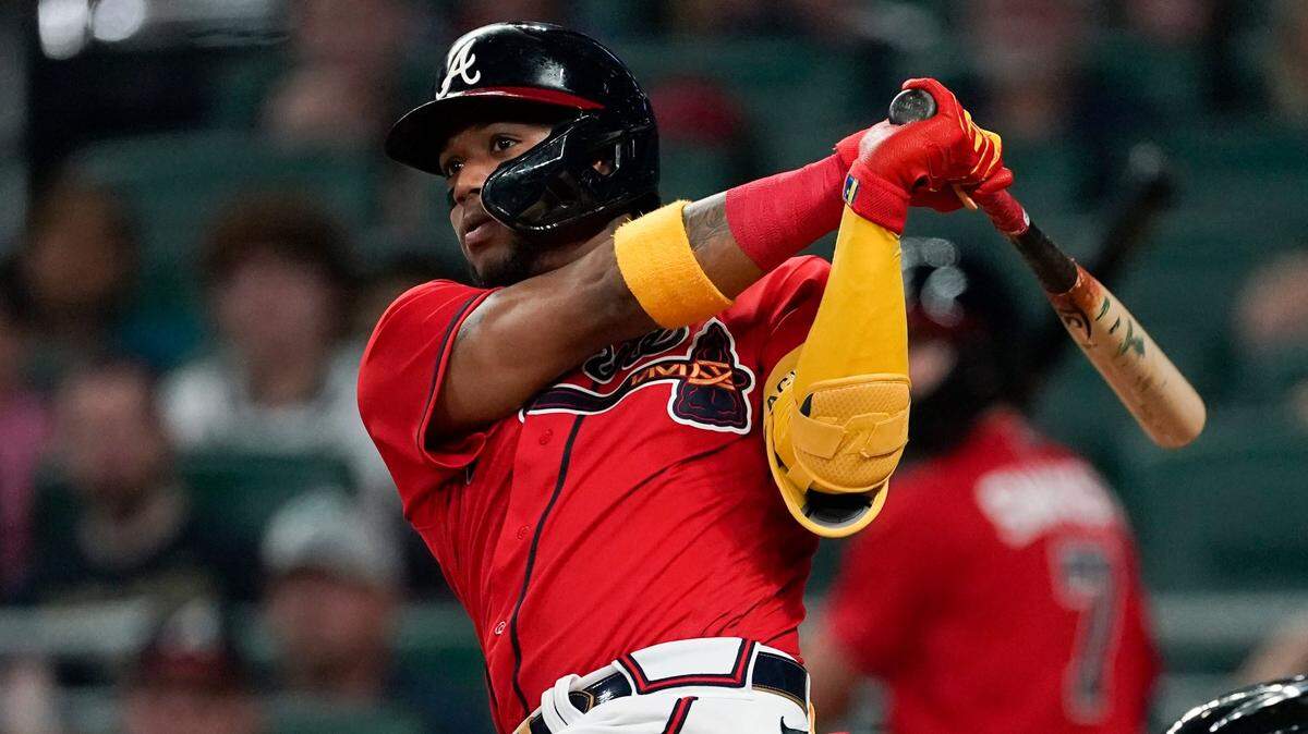 Atlanta Braves pinch hitter Ronald Acuna Jr. drives in the tying run with a double in the seventh inning of a baseball game against the Miami Marlins, Friday, May 27, 2022, in Atlanta.