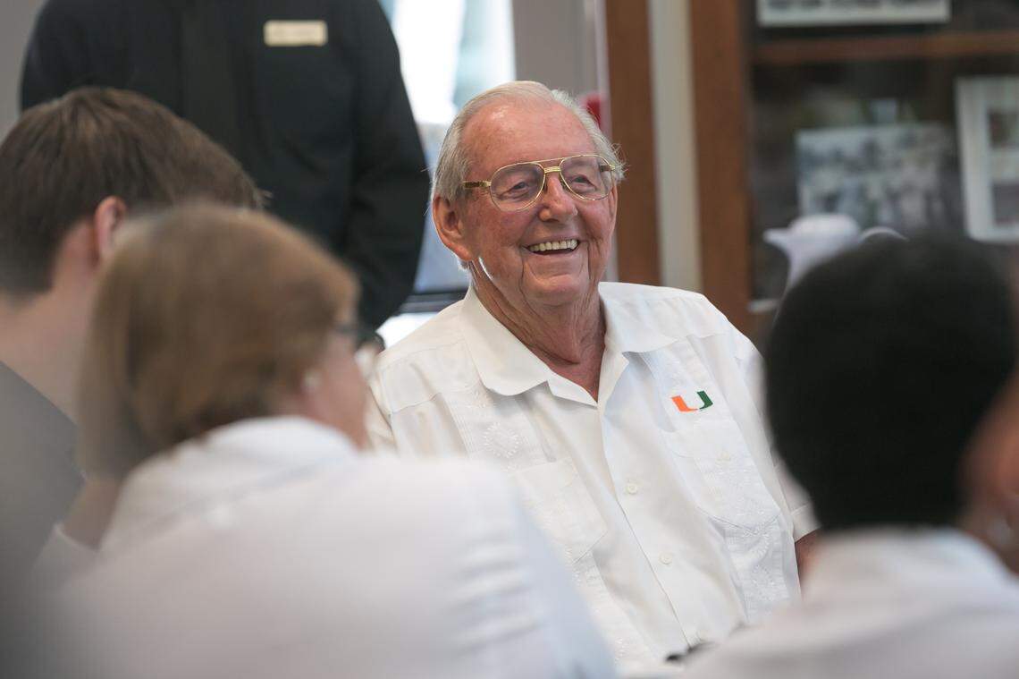 The University of Miami’s former VP for student affairs, William Butler, engages with students and faculty in this UM file photo. Among Butler’s achievements: the creation of UM’s student-run campus radio station, WVUM, and the construction of the on-campus Herbert Wellness Center that opened in 1996.