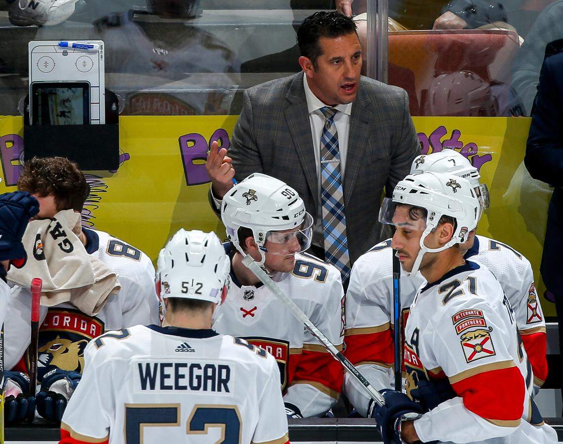 ANAHEIM, CA - NOVEMBER 19: Head coach Bob Boughner of the Florida Panthers talks to his players during the second period of the game against the Anaheim Ducks at Honda Center on November 19, 2017 in Anaheim, California. (Photo by Debora Robinson/NHLI via Getty Images)