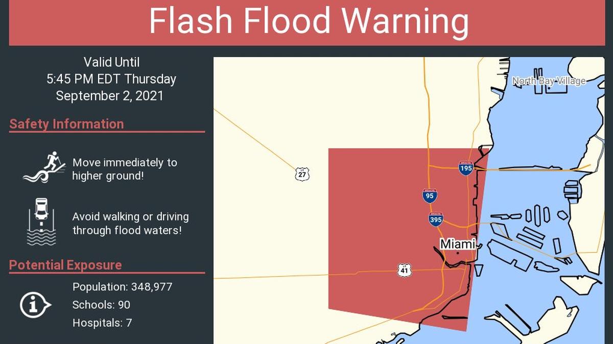 Many cities in Miami-Dade County are under a flash flood warning until 5:45 p.m. as earlier thunderstorms brought down 3 to 7 inches of rain.
