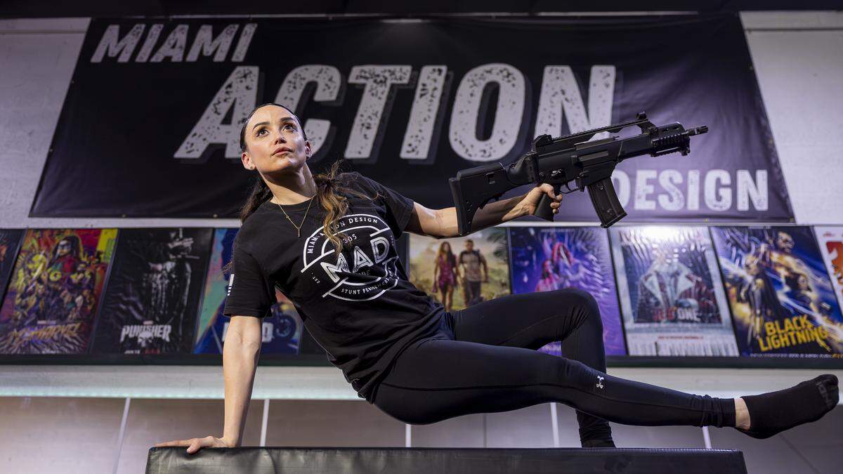 Miami Action Design co-owner Yessenia Cossio, 35, is photographed at her gym on Tuesday, Aug. 12, 2025, in Miami, Fla. Miami Action Design is the first stunt gym in Miami-Dade County and offers classes that teach members how to become stunt performers for movies and television.