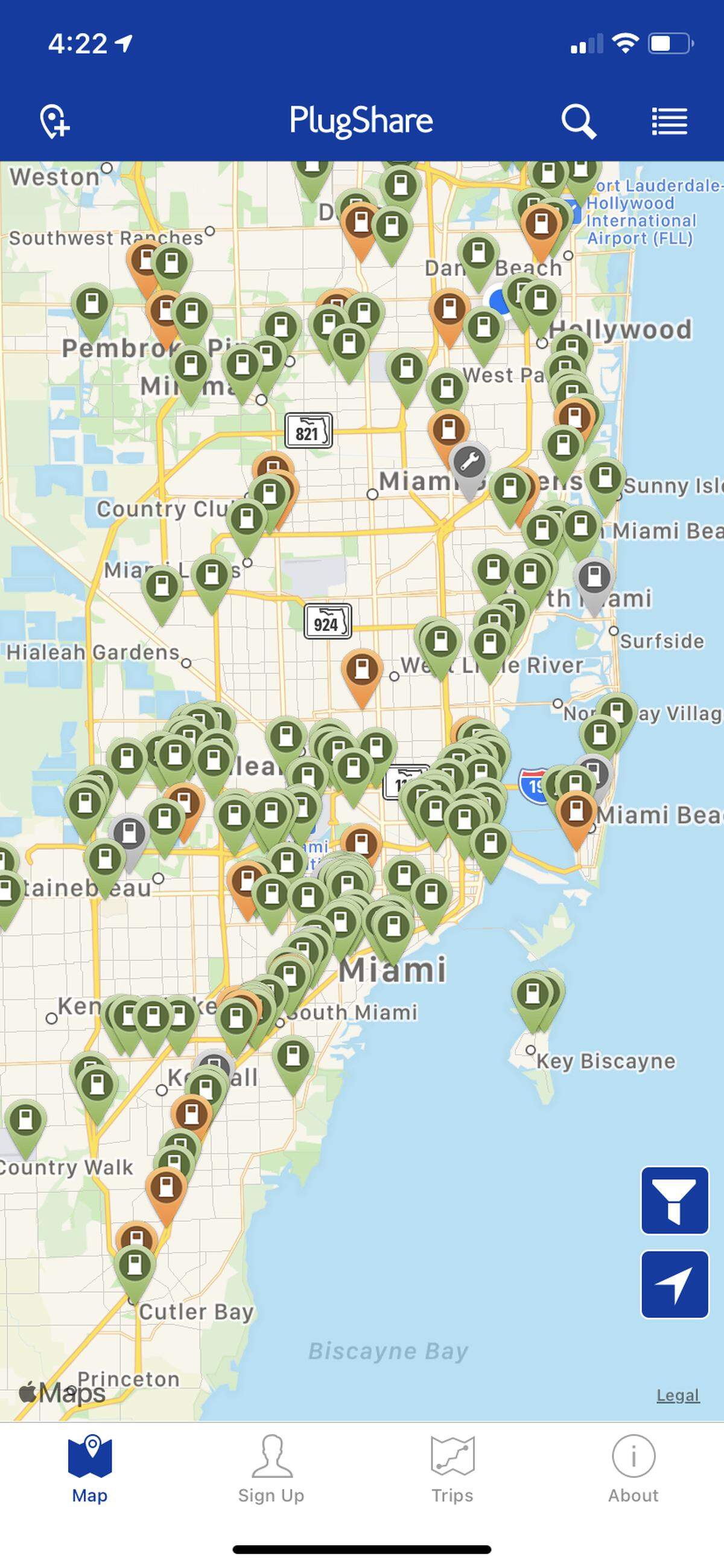 Several free apps show drivers of electric cars where they can charge their vehicles. Miami has dozens of charging stations already, with more on the way.