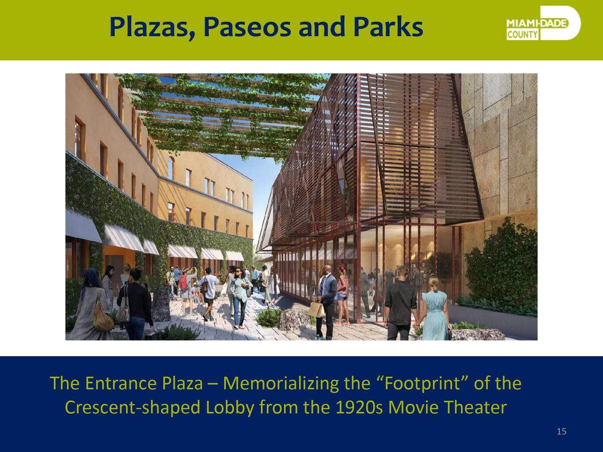 An architectural rendering from a modified plan prepared under the guidance of Miami-Dade Commissioner Raquel Regalado shows the restored front building of the Coconut Grove Playhouse at left with a new, woodsier, greener and shadier plaza and exterior for the freestanding modern theater at right.