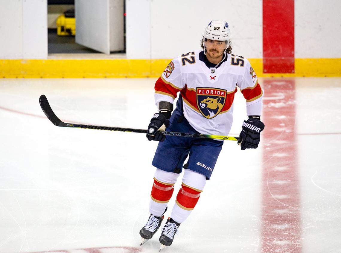 Florida Panthers defenseman MacKenzie Weegar (52) skates during warmups before the start of the first training camp scrimmage in preparation for the 2021 NHL season at the BB&T Center on Thursday, January 7, 2021 in Sunrise.