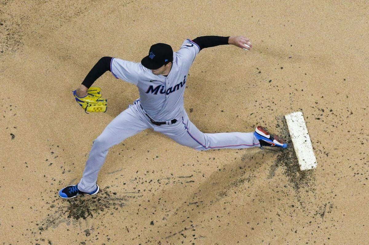 Miami Marlins starting pitcher Trevor Rogers throws during the first inning of a baseball game against the Milwaukee Brewers Monday, April 26, 2021, in Milwaukee.