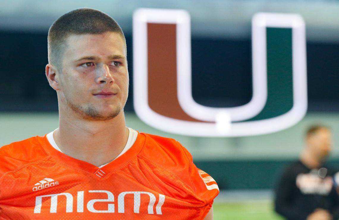 Miami Hurricanes Will Mallory (85) waits to speaks with reporters after practice at the University of Miami in Coral Gables on Friday, August 5, 2022.