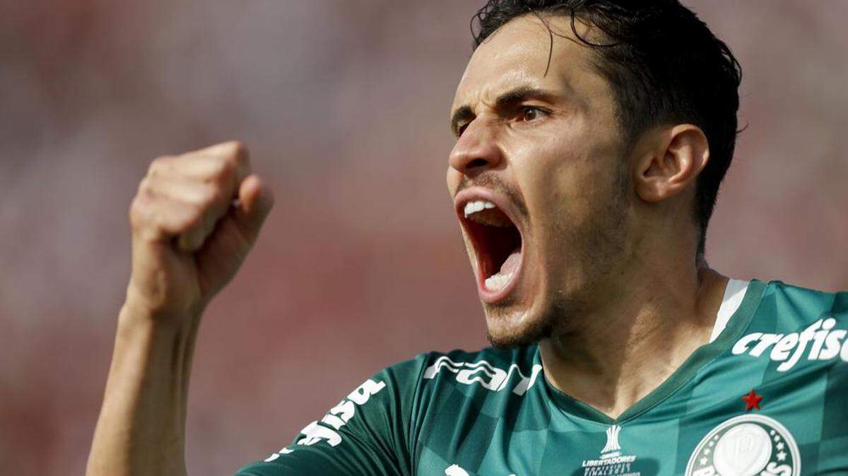 Palmeiras midfielder Raphael Veiga, celebrating his goal in the 2021 Copa Libertadores final, is in talks with Inter Miami about joining the club for the 2022 season.