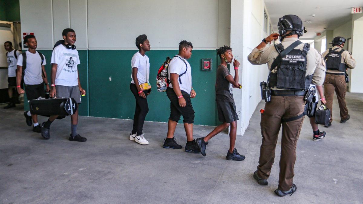 Volunteer students are evacuated during a large-scale active shooter drill at Miami Central Senior High in Miami, Florida on Thursday, July 18, 2024.