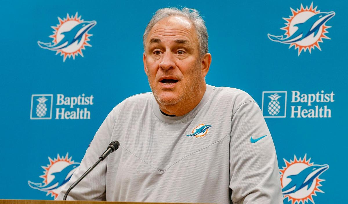 Miami Dolphins defensive coordinator Vic Fangio speaks to reporters at the Baptist Health Training Complex in Miami Gardens, Florida on Thursday, September 7, 2023.