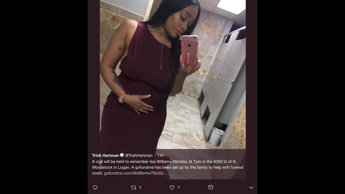 Isis Williams was shot by boyfriend Tyrese Lynch in Philadelphia, Pennslyvania, while the woman was talking to her mom on the phone with her newborn baby in a crib, police say. The woman’s mom heard the shots.