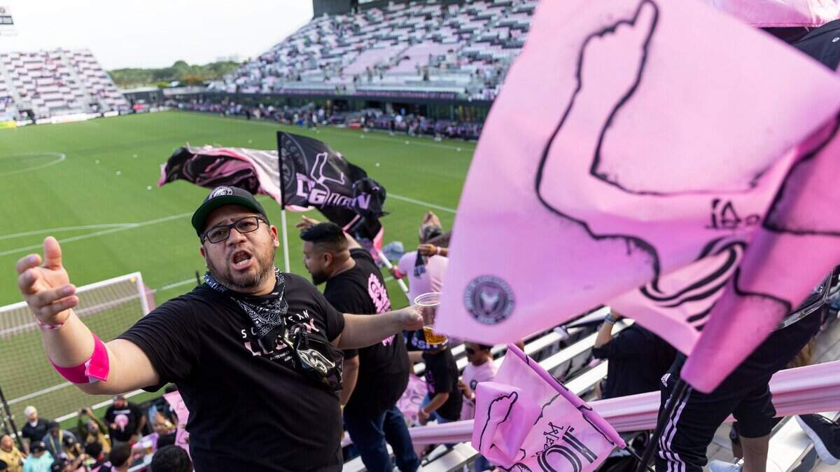 Inter Miami fan Luis Janania cheers before the start of a Leagues Cup group stage match between Inter Miami and Cruz Azul at DRV PNK Stadium on Friday, July 21, 2023, in Fort Lauderdale, Fla.