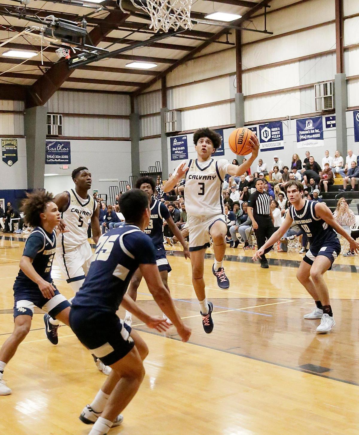 Calvary Christian Cayden Daughtry (3) goes for a shot against North Broward during regional basketball semifinal playoff game on Monday, February 17, 2025 at Calvary Christian School in Fort Lauderdake. Andrew Uloza / for Miami Herald