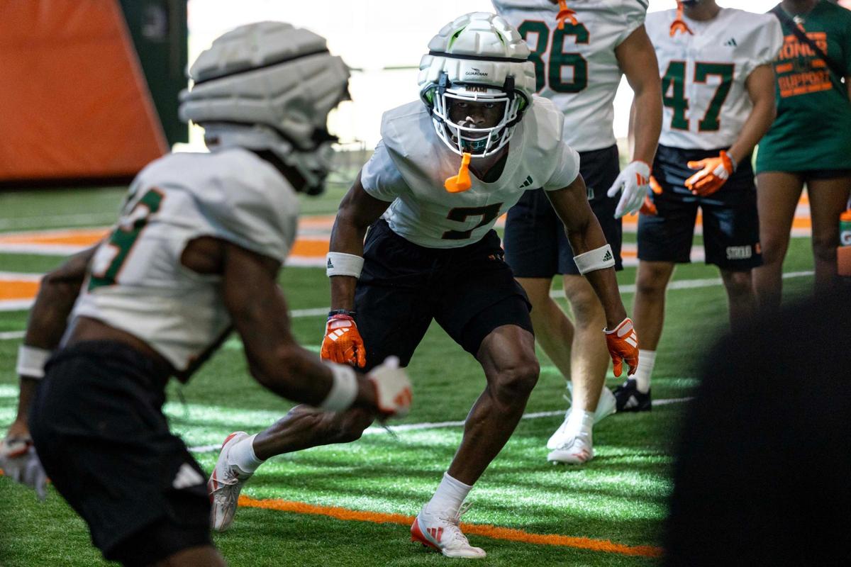 Miami Hurricanes defensive back Zechariah Poyser (7) runs through drills during spring practice at the Carol Soffer Indoor Practice Facility at the University of Miami on Wednesday, March 5, 2025, in Coral Gables, Florida.