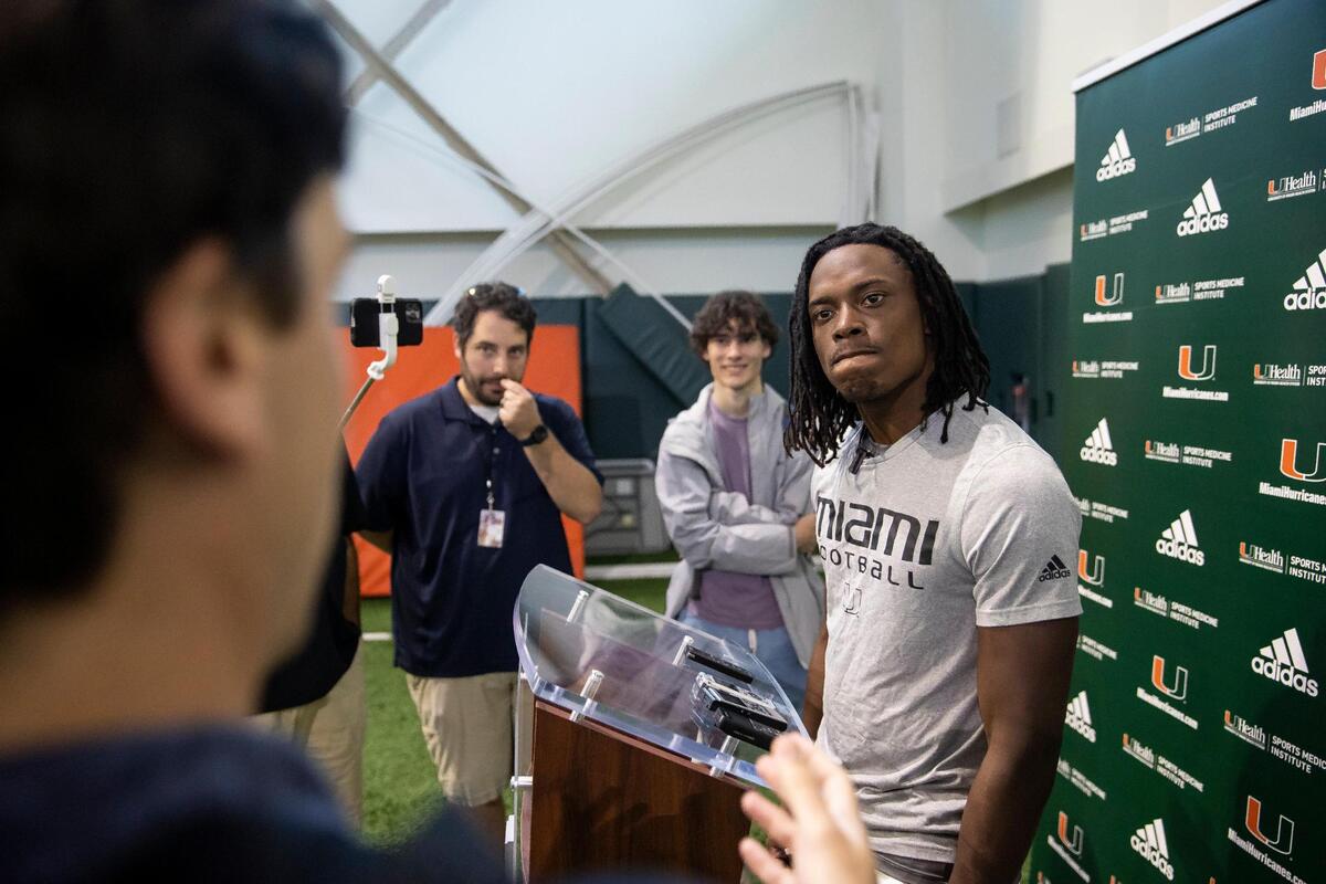 Miami Hurricanes wide receiver Nathaniel Joseph talks to reporters after participating in a spring football practice session at the University of Miami’s Greentree Field on Tuesday, April 11, 2023, in Coral Gables, Fla.