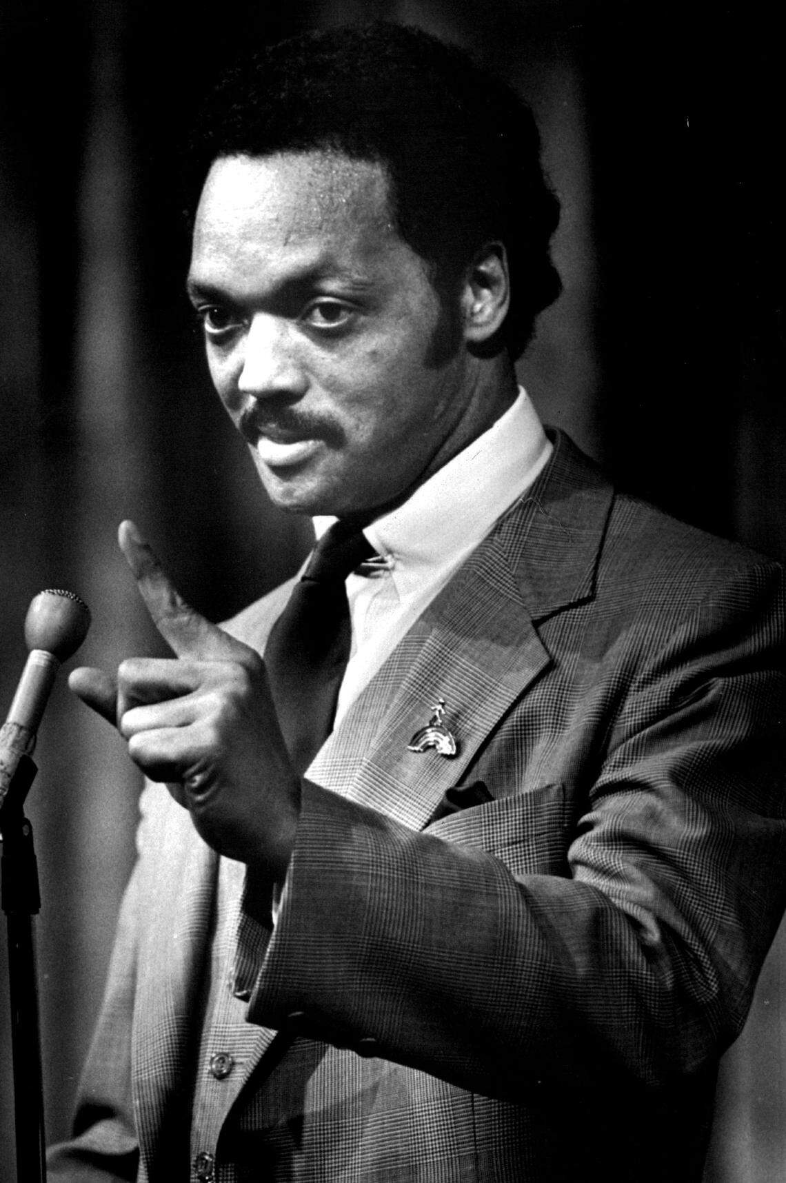 The Rev. Jesse Jackson speaks at the Caleb Center in Miami in 1984.