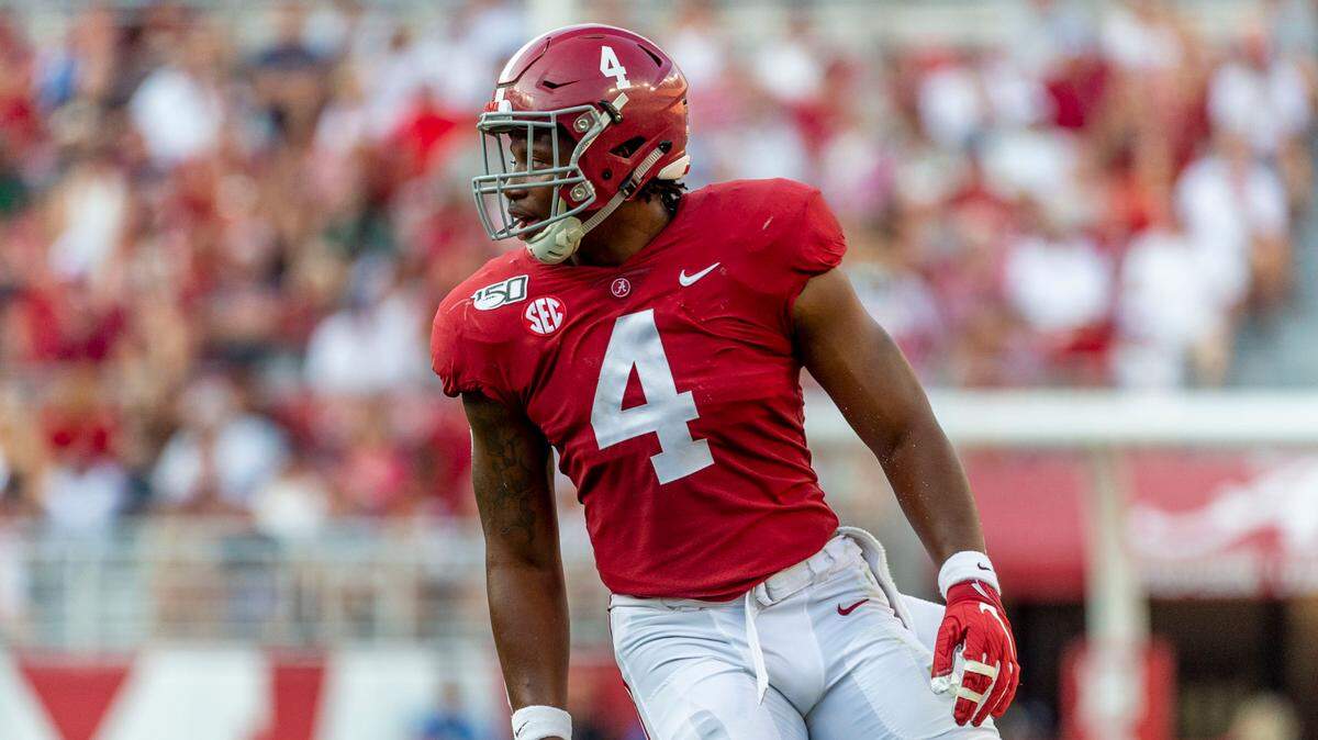 Alabama linebacker Christopher Allen (4) sets up on the edge against Mississippi during the second half of an NCAA college football game, Saturday, Sept. 28, 2019, in Tuscaloosa, Ala. (AP Photo/Vasha Hunt)