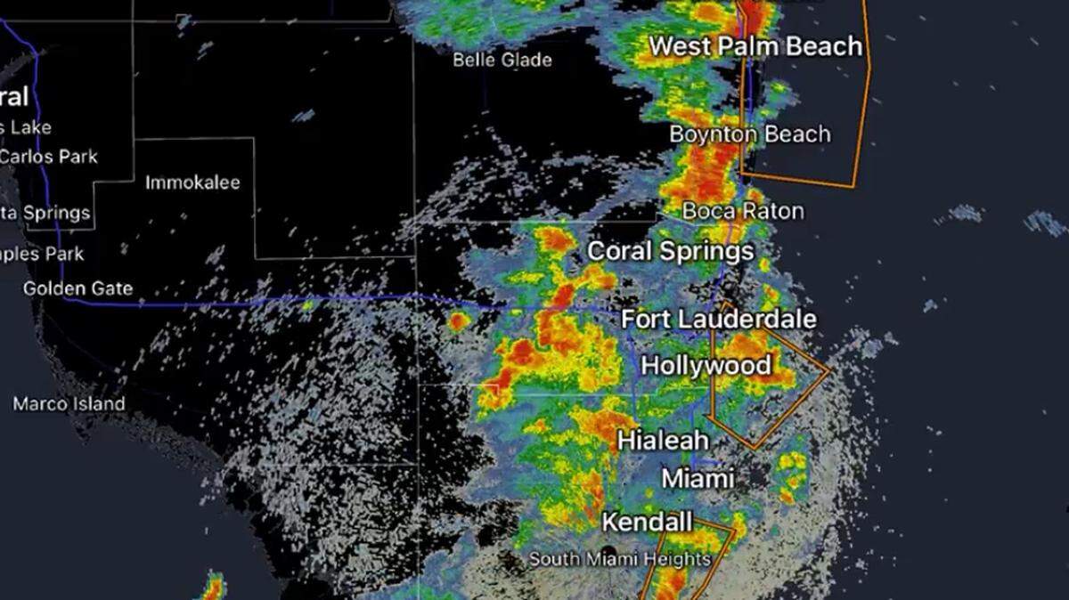 A National Weather Service Miami radar map shows heavy rain, thunderstorms and winds throughout South Florida Sunday, July 6, 2025.