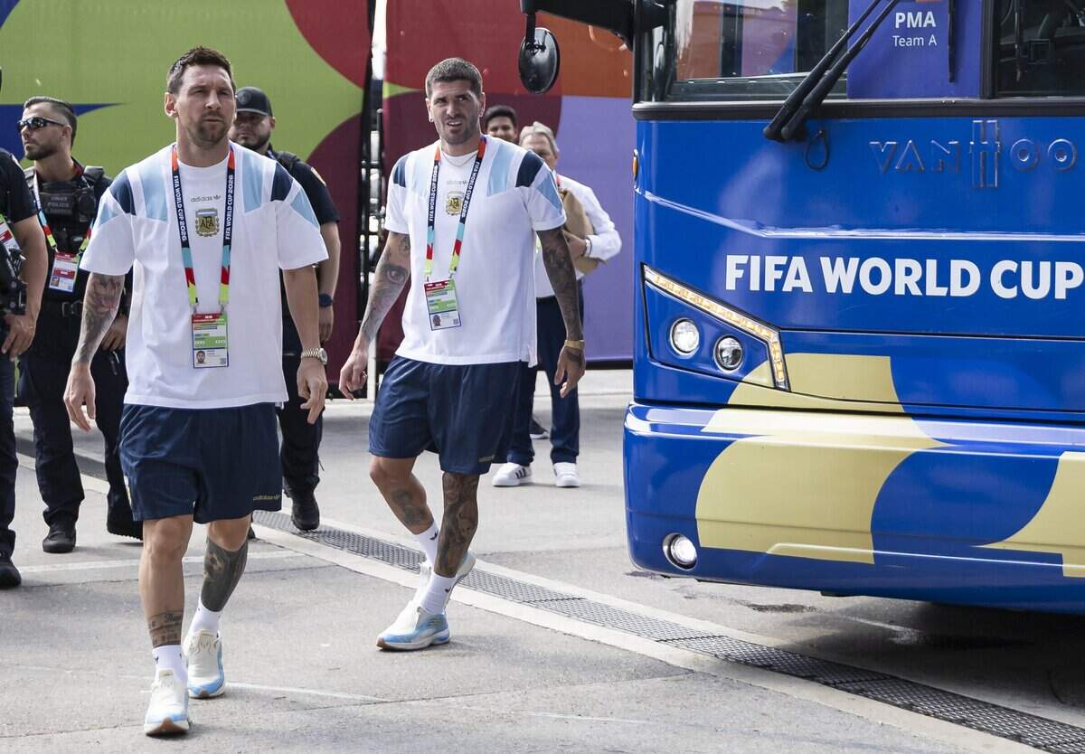 Argentina forward Lionel Messi (10) and midfielder Rodrigo de Paul (7) arrive to Hard Rock Stadium (Miami Stadium) ahead of their team's FIFA World Cup 2026 Round of 32 soccer match against Cape Verdeon Friday, July 3, 2026, in Miami Gardens, Fla.