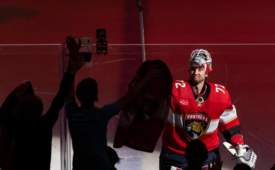 Florida Panthers goaltender Sergei Bobrovsky (72) celebrates after being named the first star of his NHL game against the Pittsburgh Penguins at the Amerant Bank Arena on Friday, Dec. 8, 2023, in Sunrise, Fla.