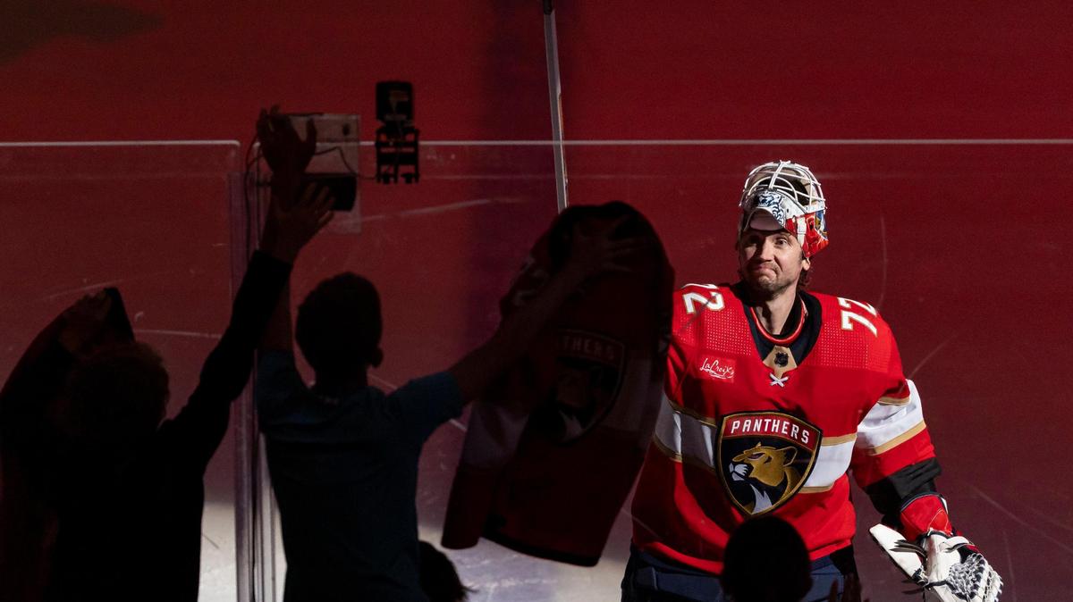 Florida Panthers goaltender Sergei Bobrovsky (72) celebrates after being named the first star of his NHL game against the Pittsburgh Penguins at the Amerant Bank Arena on Friday, Dec. 8, 2023, in Sunrise, Fla.