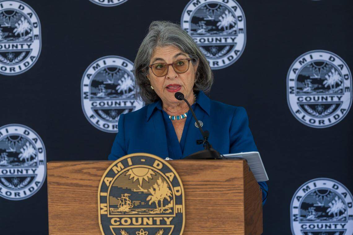 Miami-Dade Mayor Daniella Levine Cava speaks during a press conference at County Hall, to put pressure on county commissioners to sustain her veto of a new headquarters for Kelly Tractor off of State Road 836 and outside the county's Urban Development Boundary, on Tuesday, February 17, 2026.