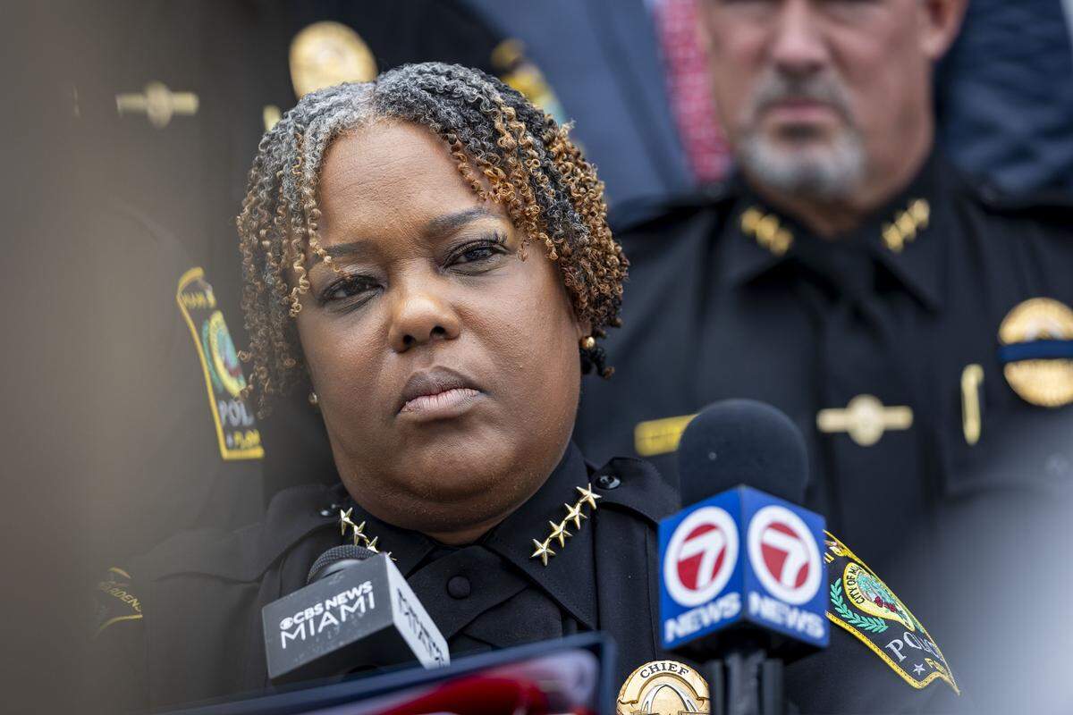 Miami Gardens, FL, November 5, 2025 - Miami Gardens Police Chief Delma K. Noel-Pratt answers questions from the press during a press conference regarding the Cold Case Homicide arrest of Ramone O'Neil Clayton, who was identified as the suspect in the September 23, 2012, shooting death of his wife, Stephanie Clayton, during a gathering in Miami Gardens, Florida.