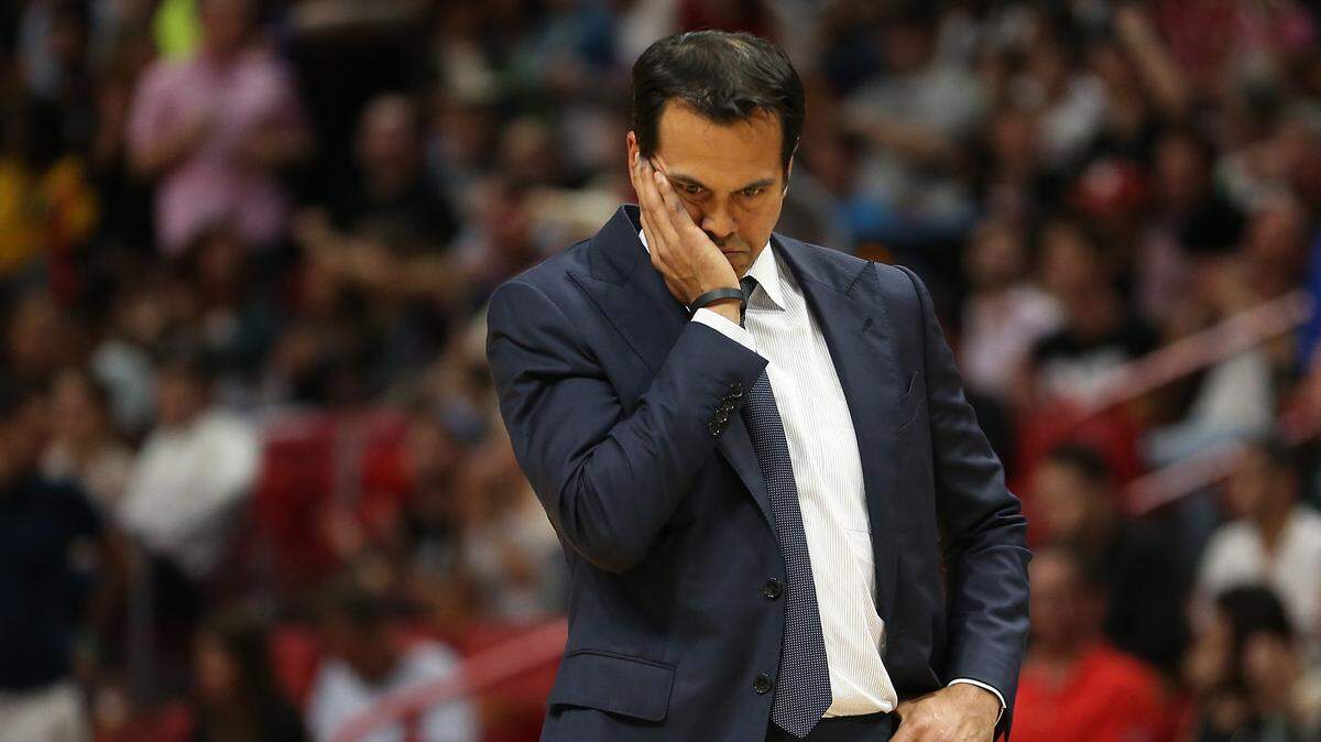 Heat coach Erik Spoelstra ponders his options during a second quarter timeout Sunday, Dec. 30, 2018, at the AmericanAirlines Arena in Miami.