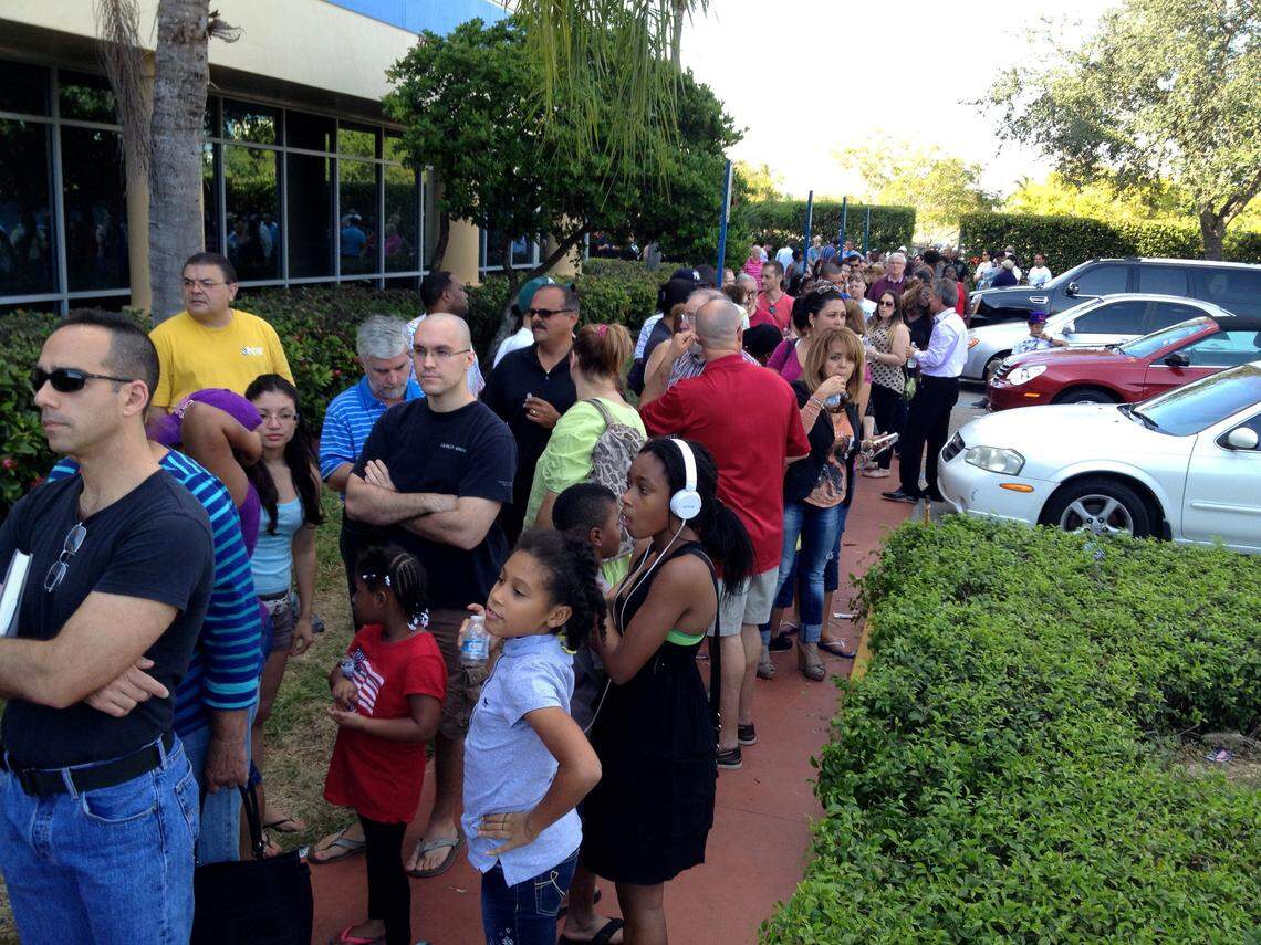 Miami-Dade voters in line for early voting on Sunday, Oct. 4, 2012.