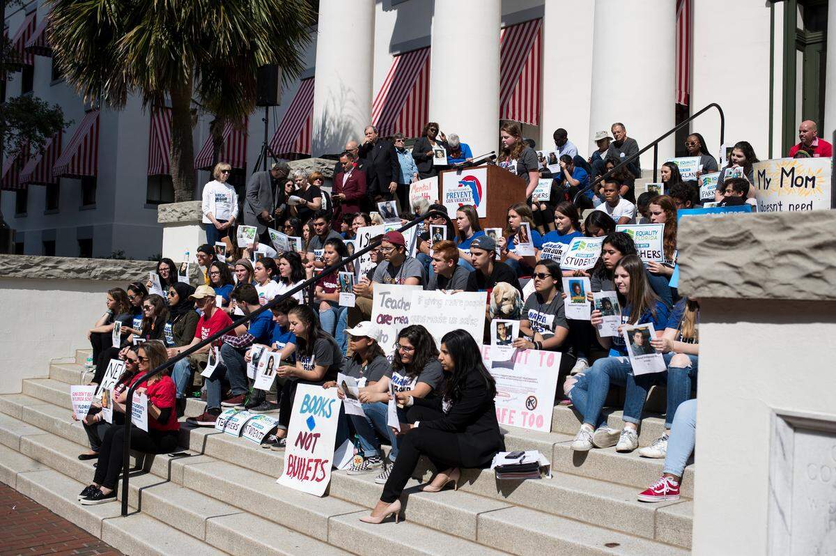 Students and supporters of March For Our Lives held a rally opposing HB 7093 on the Old State Capitol steps on April 3, 2019, at the Florida State Capitol in Tallahassee, Florida. HB 7093 proposes arming teachers.