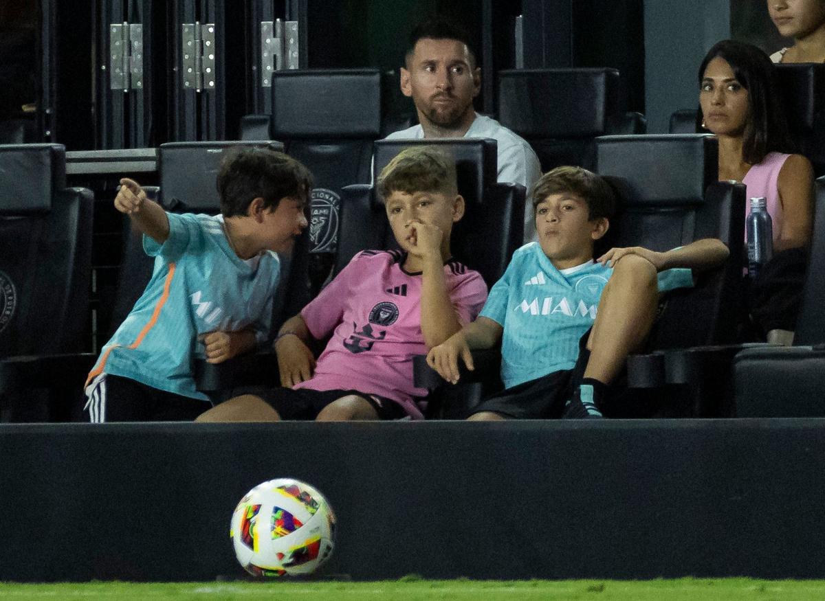 Inter Miami forward Lionel Messi (10) and his family watch their team plays against Toronto FC in the second half of their MLS match at Chase Stadium on Wednesday, July 17, 2024, in Fort Lauderdale, Fla.