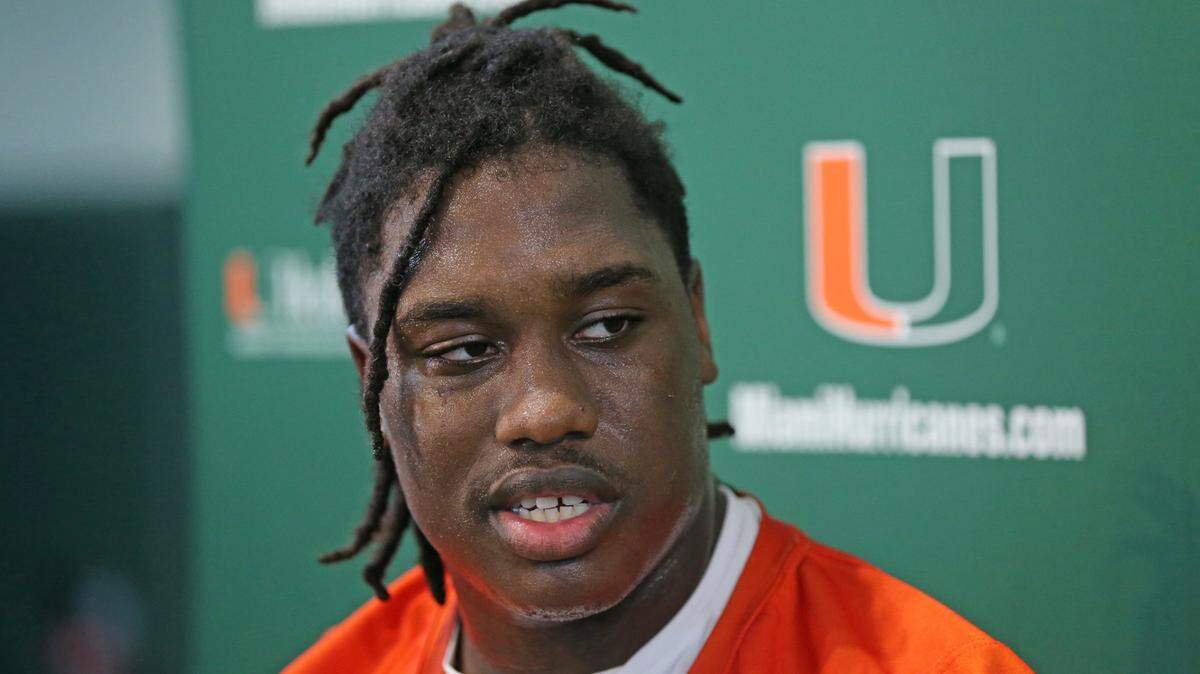 Miami Hurricanes offensive lineman Zion Nelson (60) speaks to reporters after practice at the University of Miamis Greentree Practice Field in Coral Gables on Wednesday, March 9, 2022.