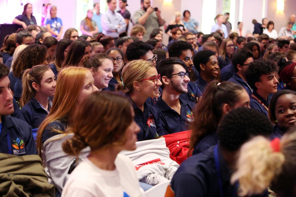 Students laugh as astronaut Drew Feustel does zero-gravity flips during a live feed from the International Space Station, Wednesday morning, April 25, 2018, at Fairchild Tropical Botanic Garden in Coral Gables.