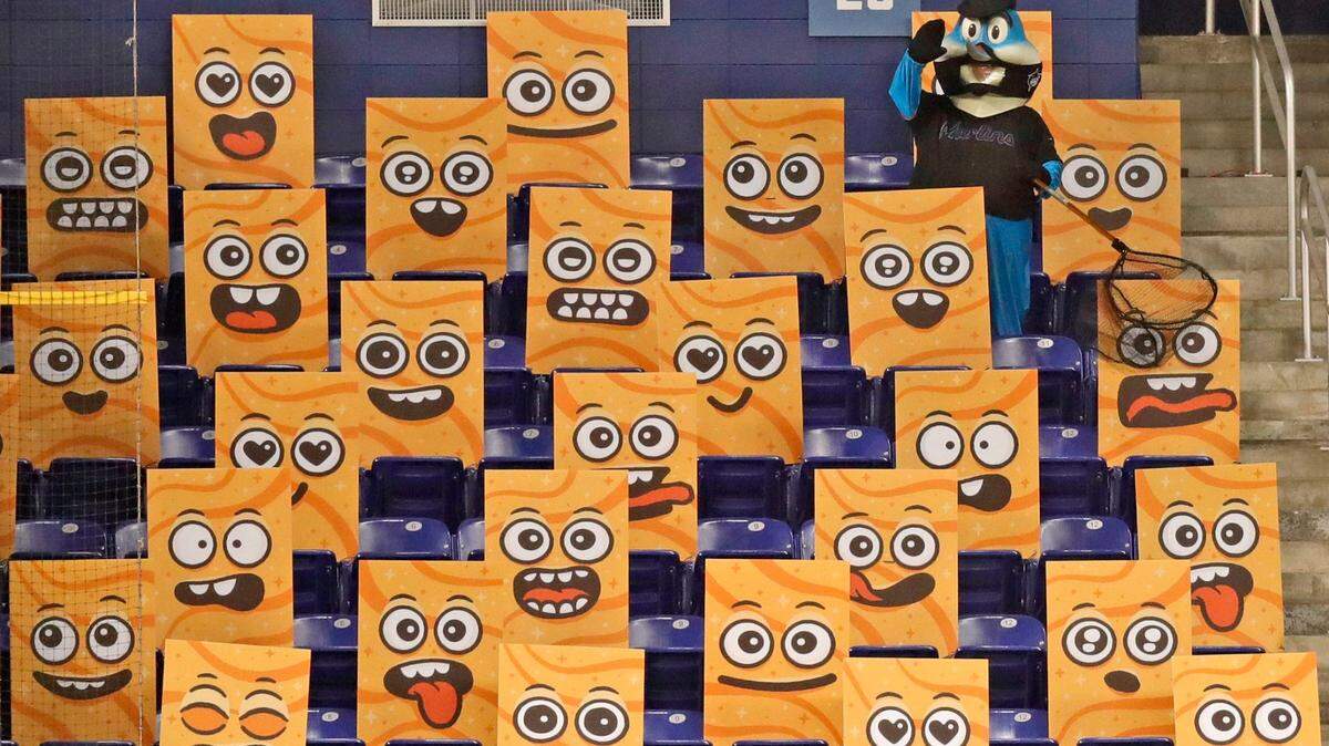 Billy the Marlin hangs out with the Cinnamon Toast Crunch characters as the Miami Marlins host the Tampa Bay Rays at Marlins Park in Miami on Saturday, August 29, 2020.