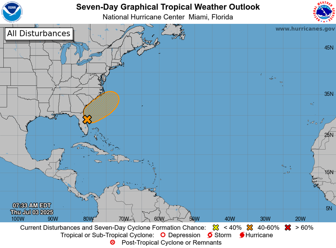 Development chances are up to 60% for the tropical system near northeast Florida.
