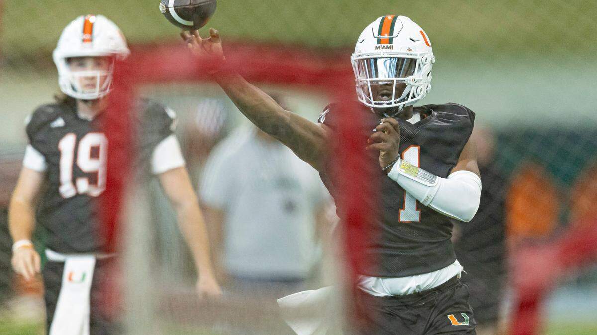 Miami Hurricanes quarterback Cam Ward (1) throws the ball during practice inside the Carol Soffer Indoor Practice Facility at the University of Miami on Monday, March 4, 2023 in Coral Gables, Fla.