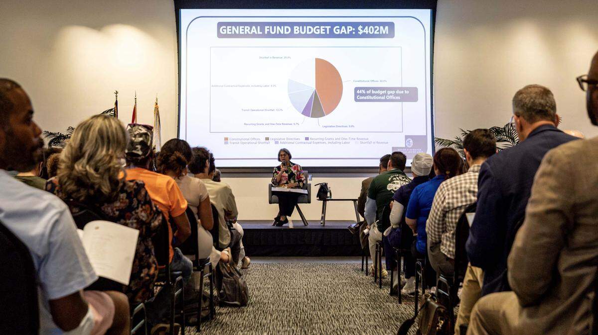Mayor Daniella Levine Cava speaks to members of the public during a town hall to present the 2026 budget proposal at the Ava Parks McCabe Auditorium inside the Miami-Dade Main Library on Thursday, July 31, 2025, in Miami, Fla.
