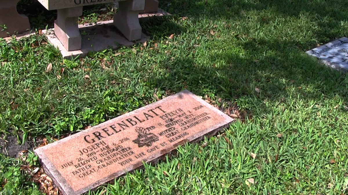 Joseph and Evelyn Greenblatt’s gravestone at Eternal Light Memorial Gardens in Boynton Beach, Florida. A couple is suing the cemetery, alleging it double sold the burial site of the Greenblatts’ son-in-law in a family plot.