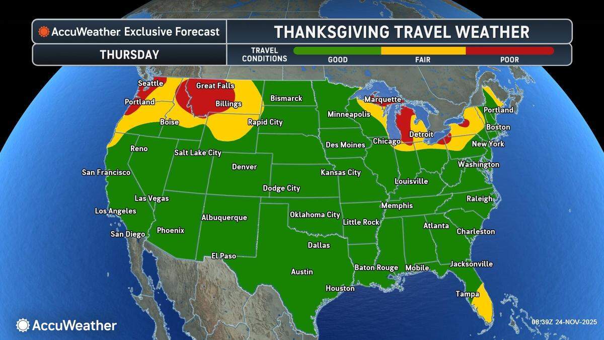 Accuweather’s travel forecast for Thanksgiving Day, Nov. 27, 2025, reflects blustery winds and possible whiteout conditions near the Great Lakes. Rain and mountain snow in the Northwest. Dry and calmer conditions across much of the South, Plains and Southwest.