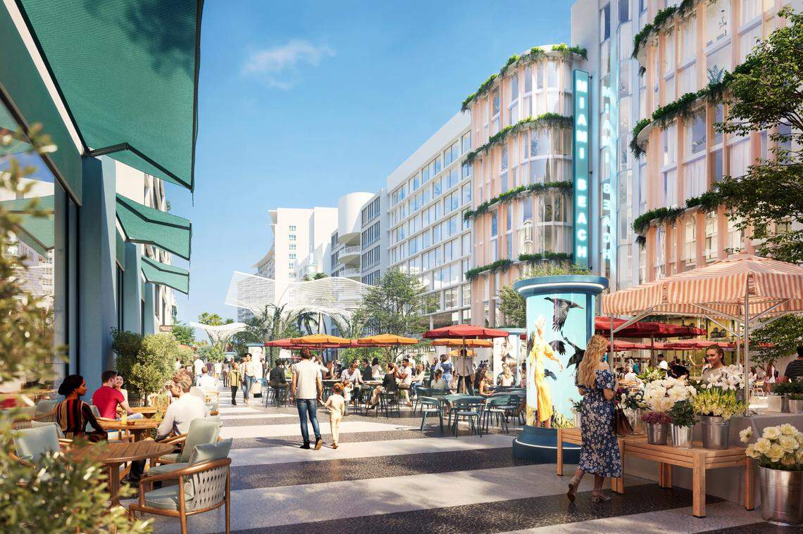 A rendering depicts how a conceptual plan proposed by owners of South Beach’s Ritz-Carlton and Sagamore hotels for the pedestrianization and redevelopment of Lincoln Road between Collins and Washington avenues might play out with new housing above retail.