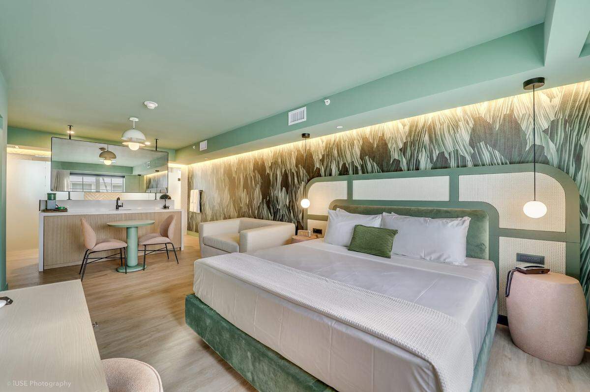 A guest room in renovated Art Deco Marela Boutique Hotel in Miami Beach