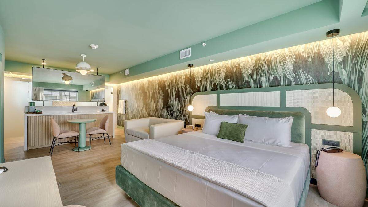 A guest room in renovated Art Deco Marela Boutique Hotel in Miami Beach