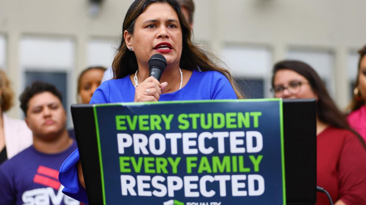 Miami dade School Board Member Lucia Baez-Geller speaks during a press conference outside the Miami-Dade School Board Administration Building at 1450 NE 2nd Avenue in Miami, Florida, Wednesday, September 11, 2024.