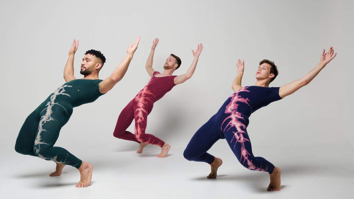Anthony Velazquez, Matthew Huefner, David Harris, from left to right, perform in “Elemental,” a new work by Dance Now co-artistic director Diego Salterini that examines environmental resource depletion.