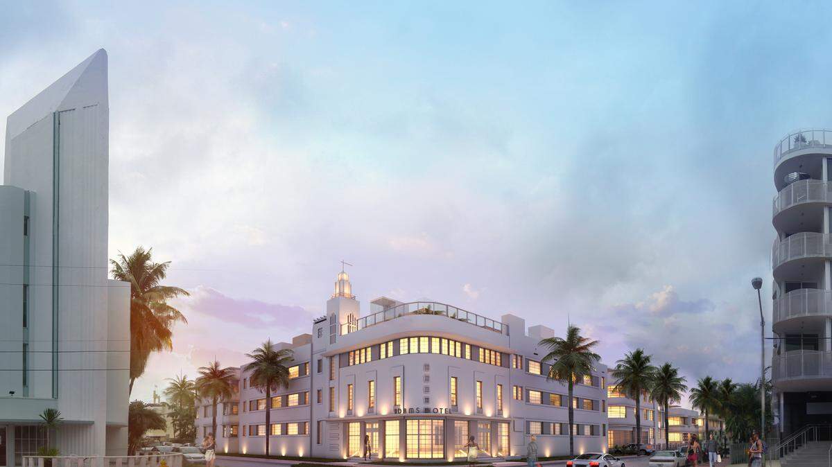 This architectural rendering shows a renovated Adams Hotel, a historic Streamline Moderne building in the Collins Park neighborhood in Miami Beach. The Adams is one of seven historic buildings on a single city block that are being rebuilt. When completed, they will operate as part of the Collins Park Hotel. At left is the pylon of the Plymouth Hotel, which was recently restored.