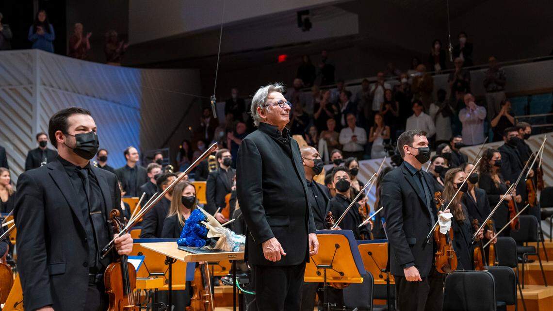 Michael Tilson Thomas conducts the New World Symphony on May 6, 2022. Tilson Thomas will step down as the symphony’s artistic director due to health concerns.