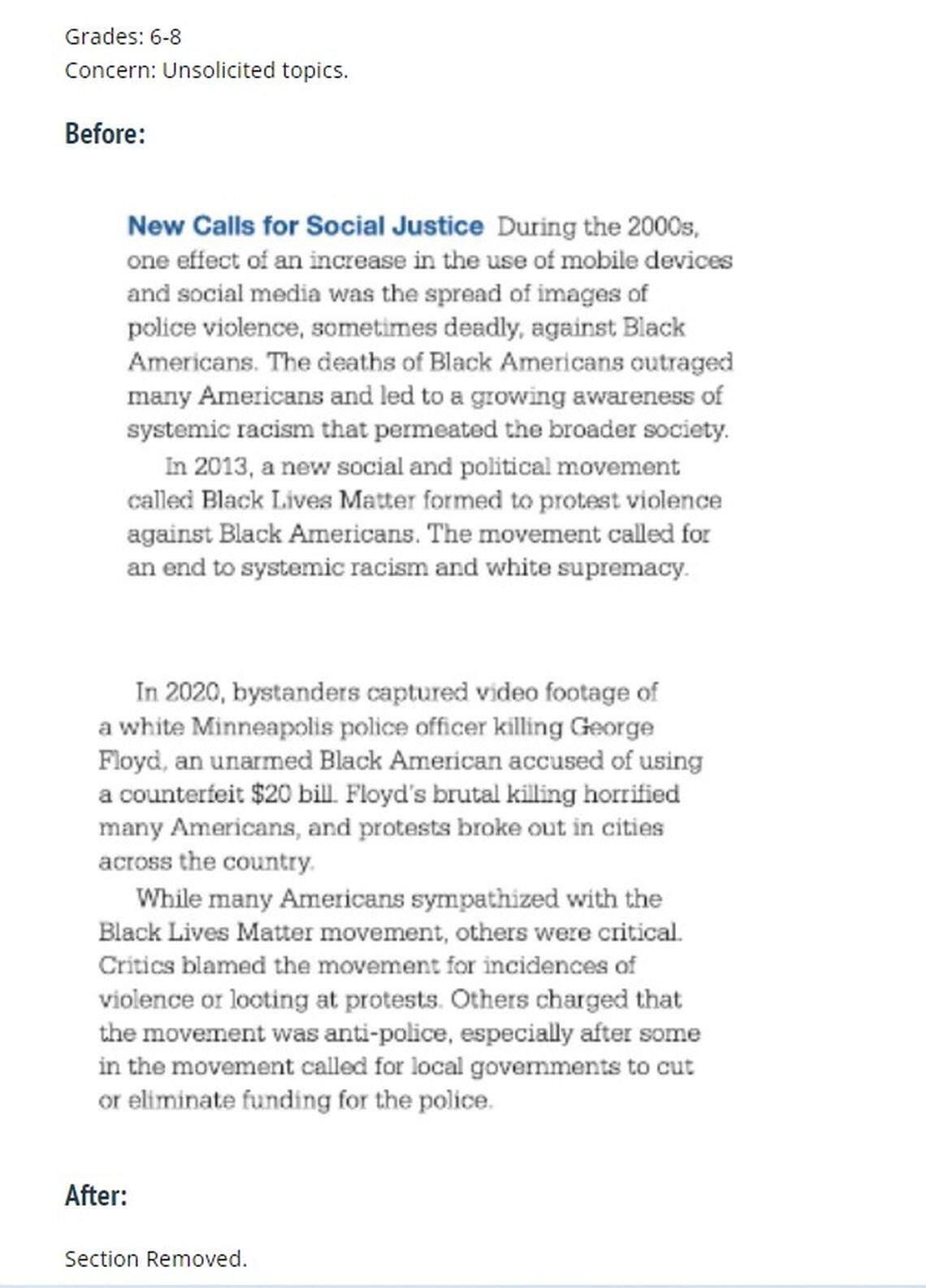 A publisher removed this passage from a middle school social studies textbook to comply with the Florida Department of Education’s initial approval list of the textbook. Critics have called the removal a whitewash of history.