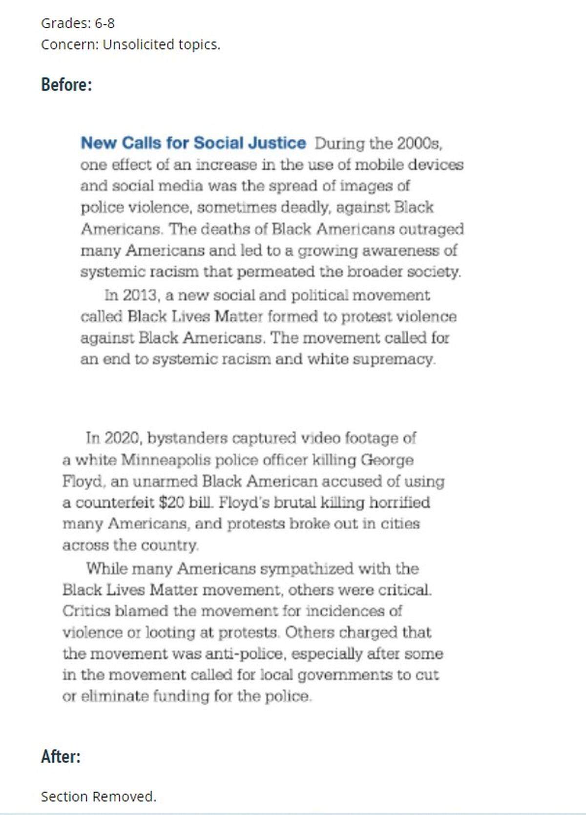 An example of a section a publisher removed from a social studies textbook to satisfy the Florida Department of Education.