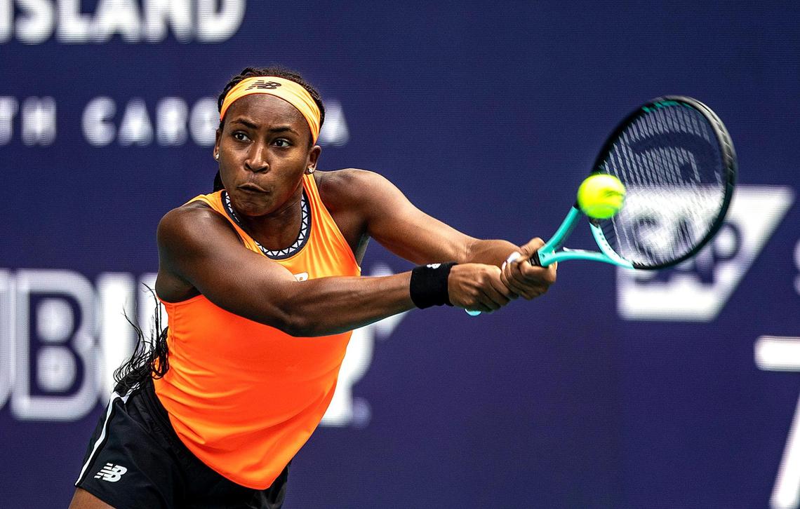 Coco Gauff, of USA returns a shot to Rebecca Marino of Canada during their match at the Miami Open tennis tournament on Thursday, March 23, 2023, in Miami Gardens, Fla.